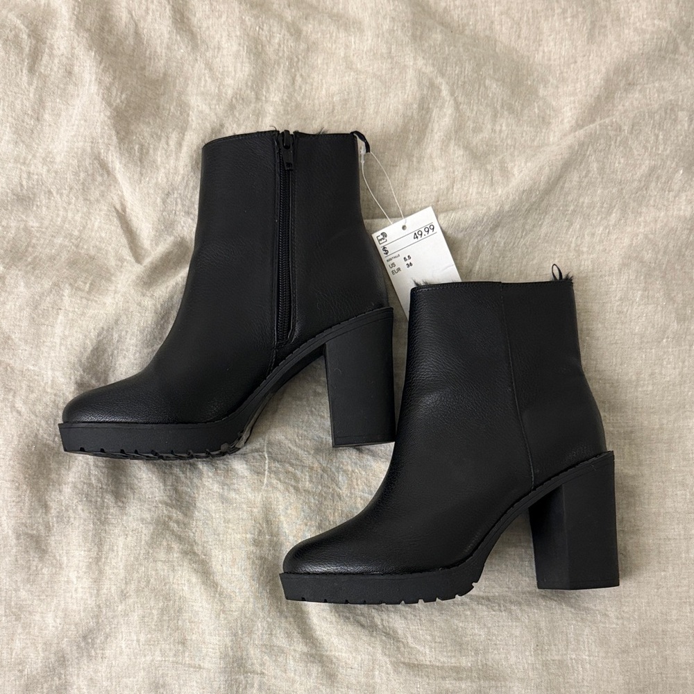 H&M Black Heeled Ankle Boots with Faux Fur Lining Size 5.5 US/36 EUR (NWT)